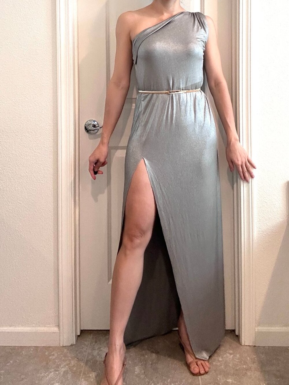 Handmade Silver Glam One Shoulder Slit Long Dress size M/L/XL